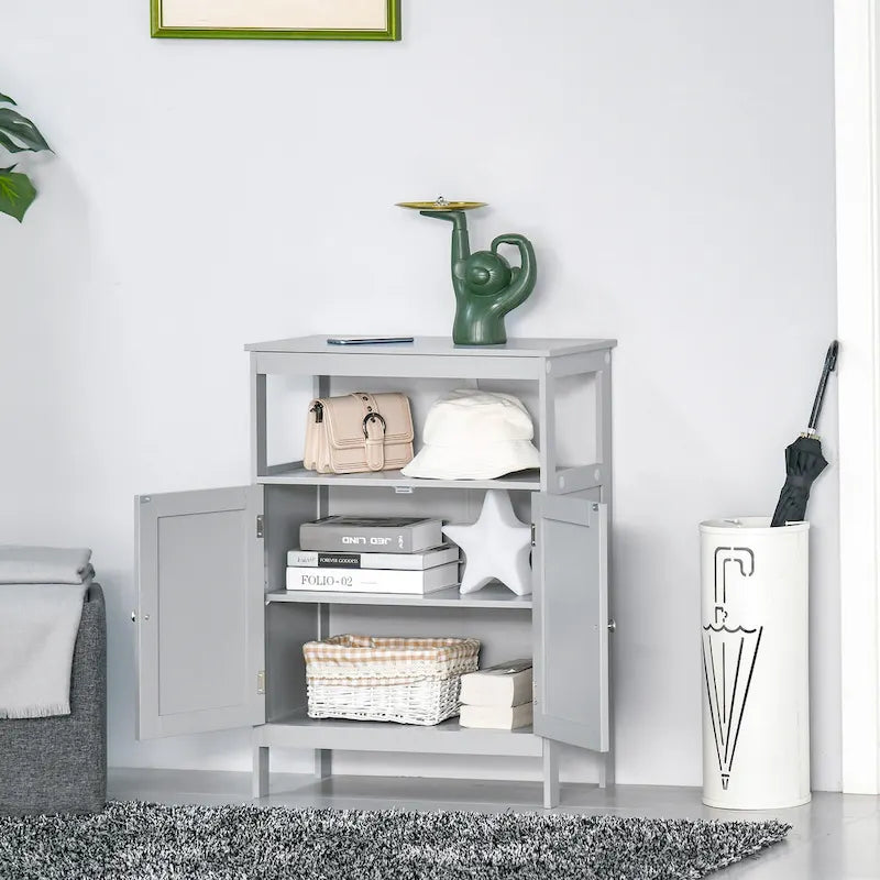 Meuble de rangement de salle de bain moderne sur pied avec portes et étagère ouverte, Gris