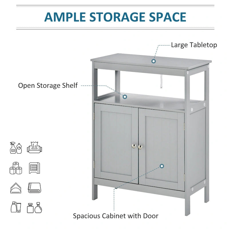 Meuble de rangement de salle de bain moderne sur pied avec portes et étagère ouverte, Gris