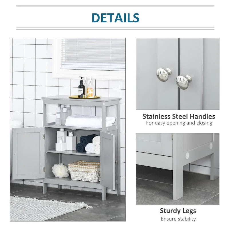 Meuble de rangement de salle de bain moderne sur pied avec portes et étagère ouverte, Gris