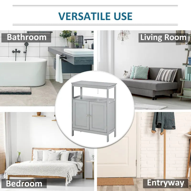 Meuble de rangement de salle de bain moderne sur pied avec portes et étagère ouverte, Gris
