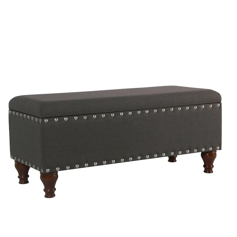 Banc de rangement en lin capitonné avec garniture cloutée