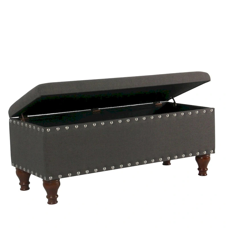 Banc de rangement en lin capitonné avec garniture cloutée
