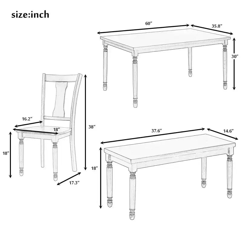 6-Piece Retro Dining Set with 1 Wooden Dining Table, 4 Chairs and 1 Bench, Brown+White - ModernLuxe