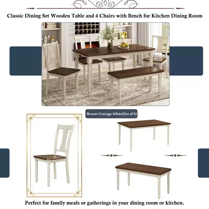 6-Piece Retro Dining Set with 1 Wooden Dining Table, 4 Chairs and 1 Bench, Brown+White - ModernLuxe