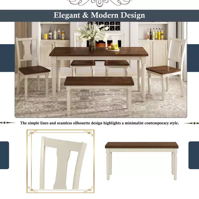 6-Piece Retro Dining Set with 1 Wooden Dining Table, 4 Chairs and 1 Bench, Brown+White - ModernLuxe