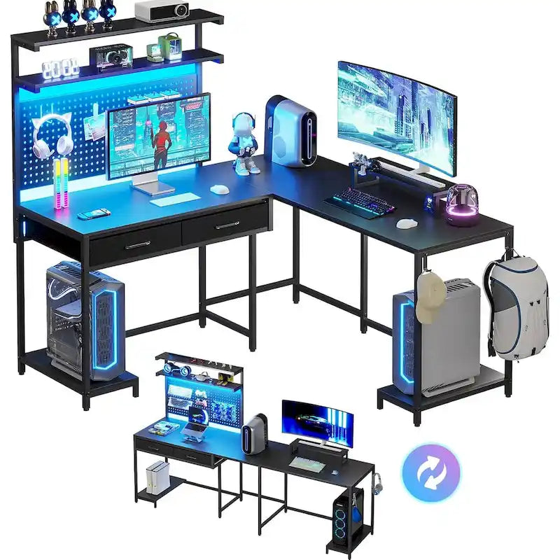 Bureau de jeu en L avec panneau perforé, tiroirs et support d'écran