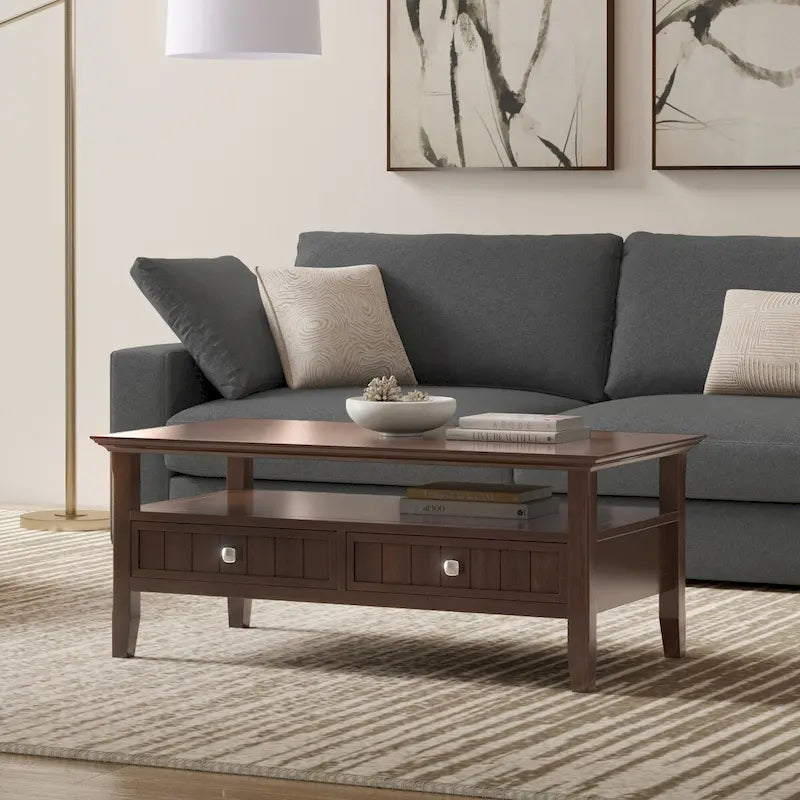 Table basse transitionnelle en bois massif de 48 pouces avec tiroirs