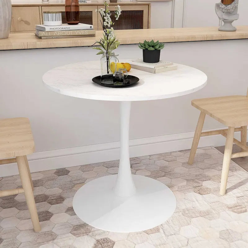 Table à manger ronde de 32 pouces avec plateau en MDF à imprimé marbre et base en métal