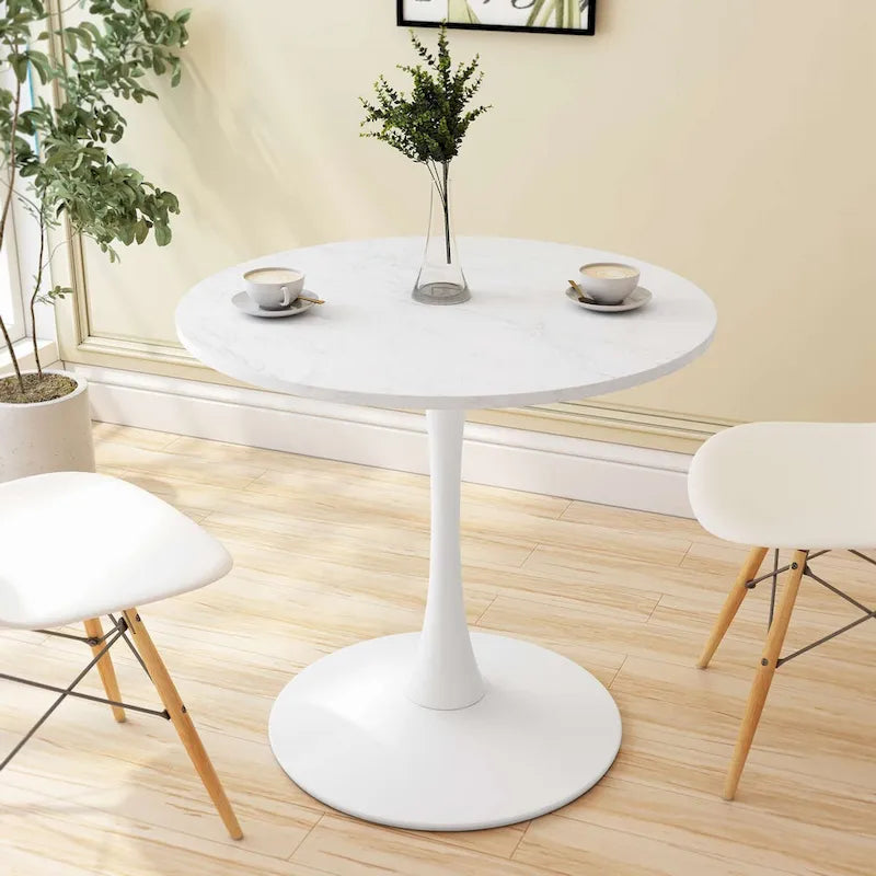 Table à manger ronde de 32 pouces avec plateau en MDF à imprimé marbre et base en métal