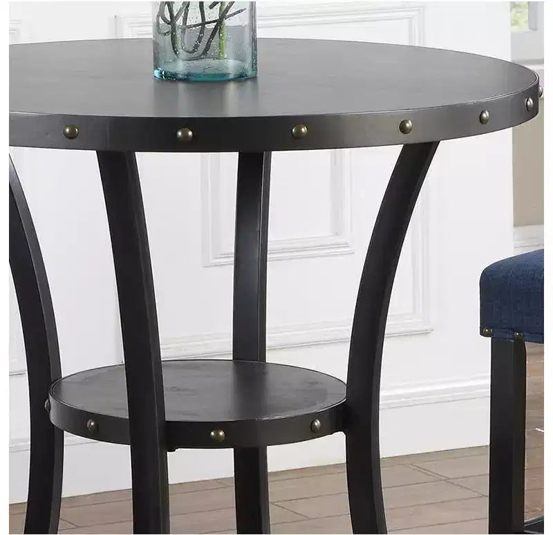 Biony 3-Piece 36 Round Espresso Finish Bar Table with 2 Blue Fabric Nail Head Pub Chairs