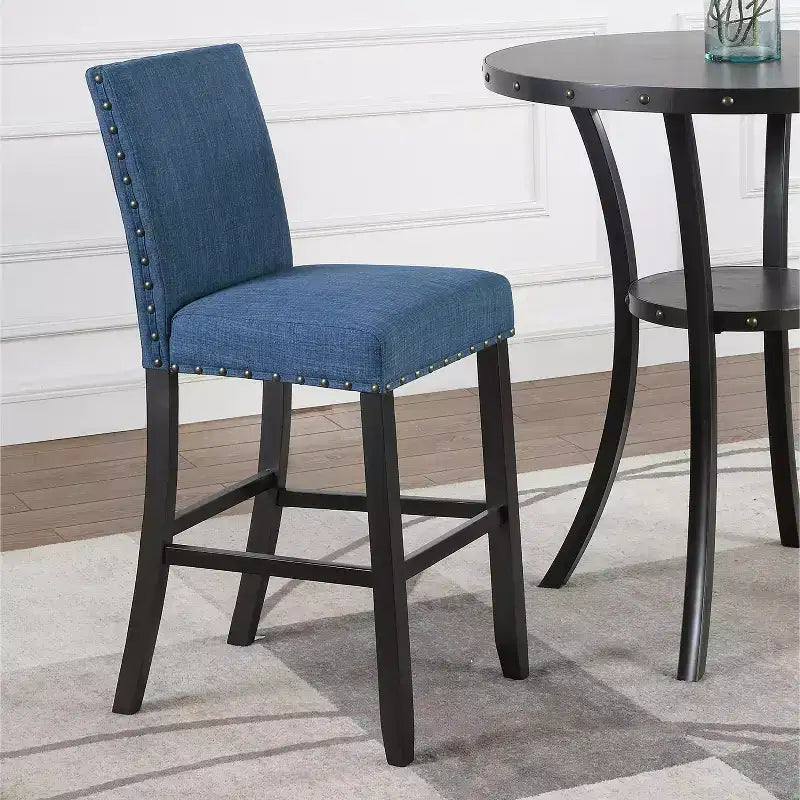 Biony 3-Piece 36 Round Espresso Finish Bar Table with 2 Blue Fabric Nail Head Pub Chairs