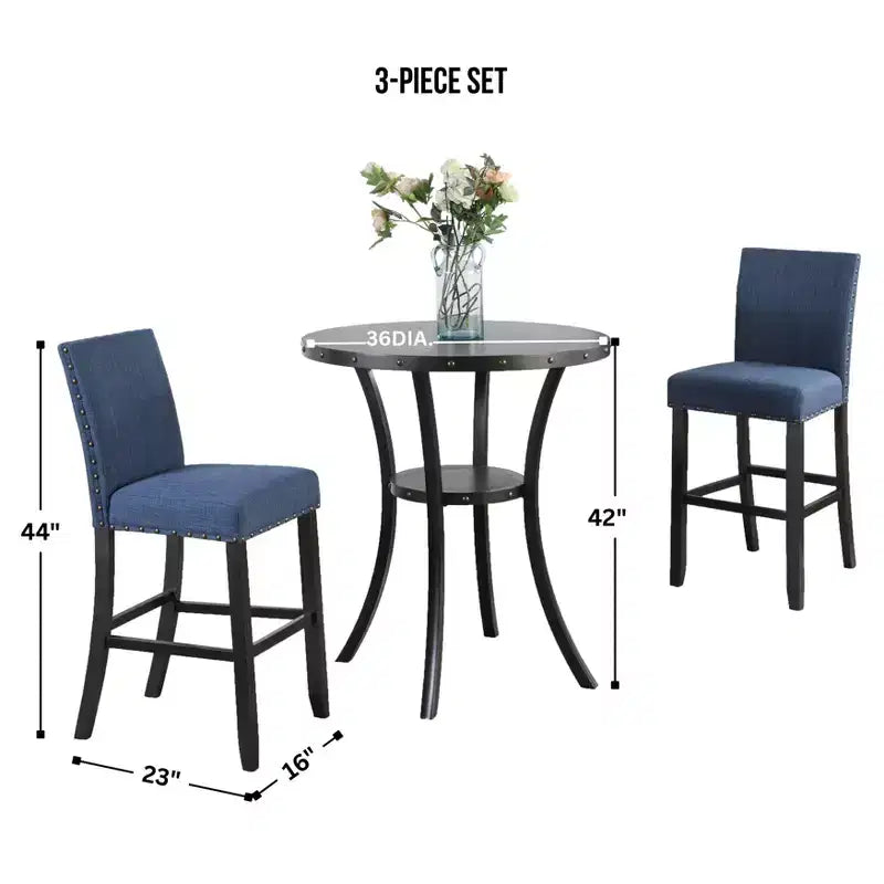 Biony 3-Piece 36 Round Espresso Finish Bar Table with 2 Blue Fabric Nail Head Pub Chairs