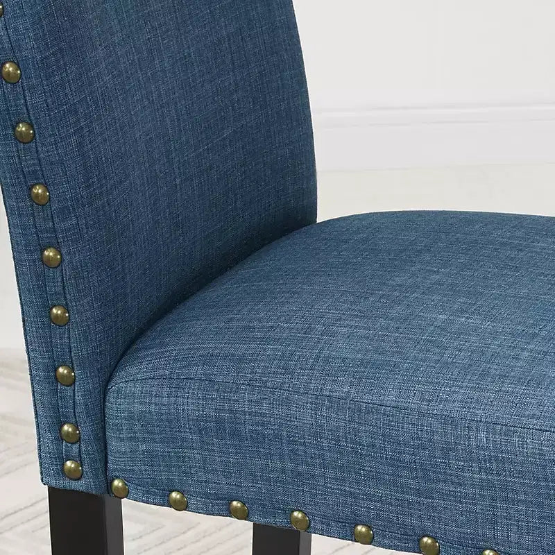 Biony 3-Piece 36 Round Espresso Finish Bar Table with 2 Blue Fabric Nail Head Pub Chairs