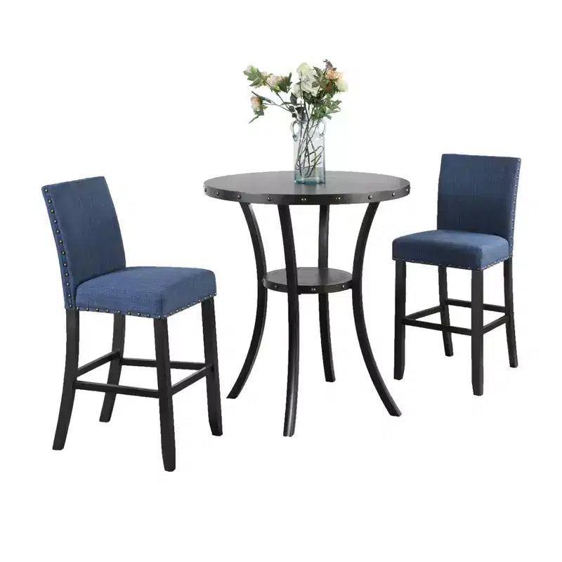 Biony 3-Piece 36 Round Espresso Finish Bar Table with 2 Blue Fabric Nail Head Pub Chairs