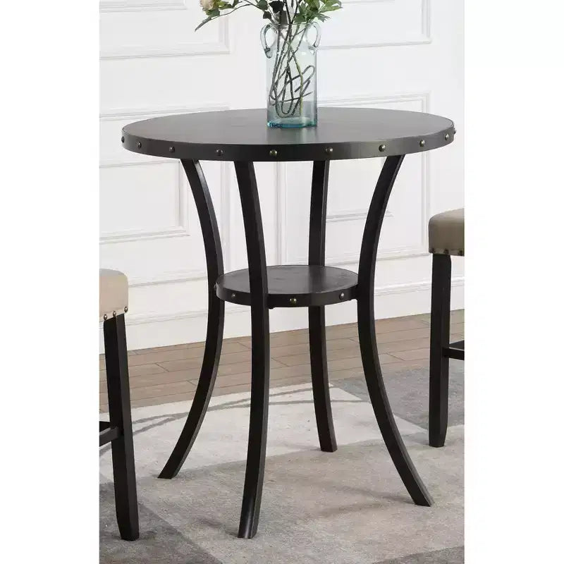Biony 3-Piece 36 Round Espresso Finish Bar Table with 2 Tan Fabric Nail Head Pub Chairs