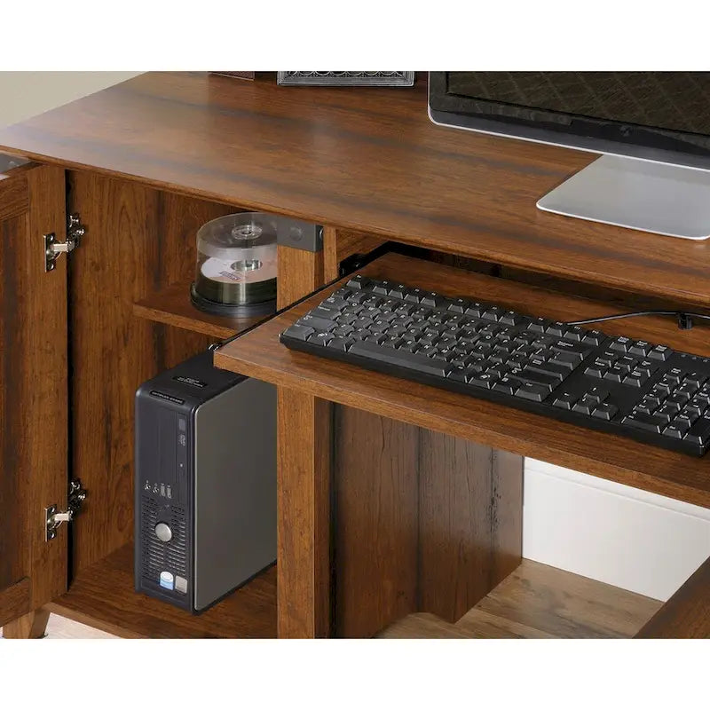 Bureau d'angle informatique avec tiroirs et espace de rangement pour unité centrale