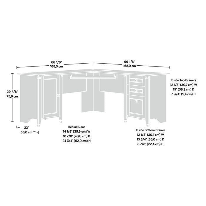 Bureau d'angle informatique avec tiroirs et espace de rangement pour unité centrale
