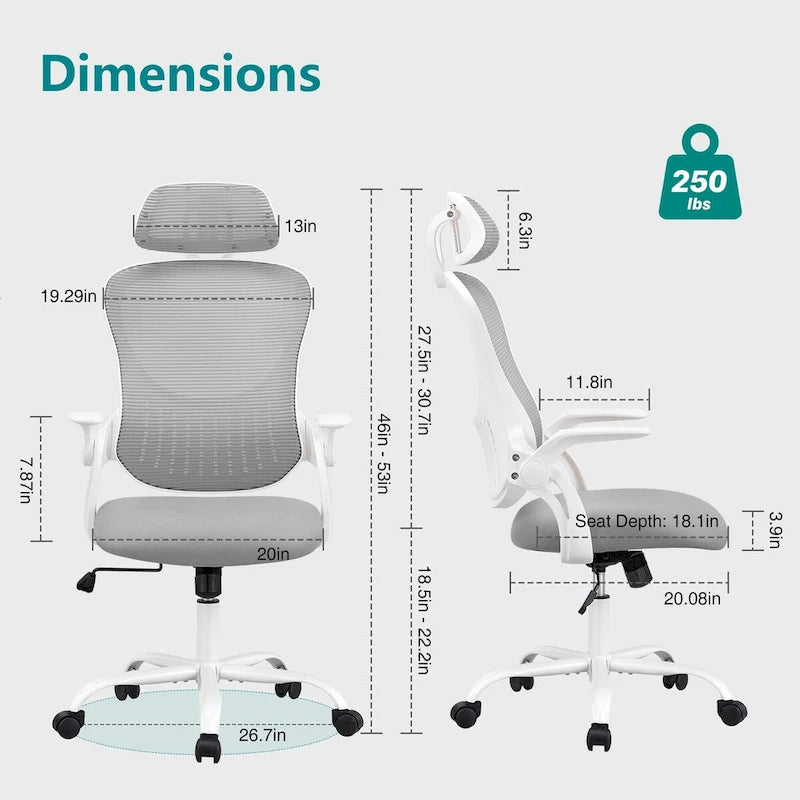 Fauteuil de bureau ergonomique à dossier haut en maille avec appui-tête réglable et roulettes