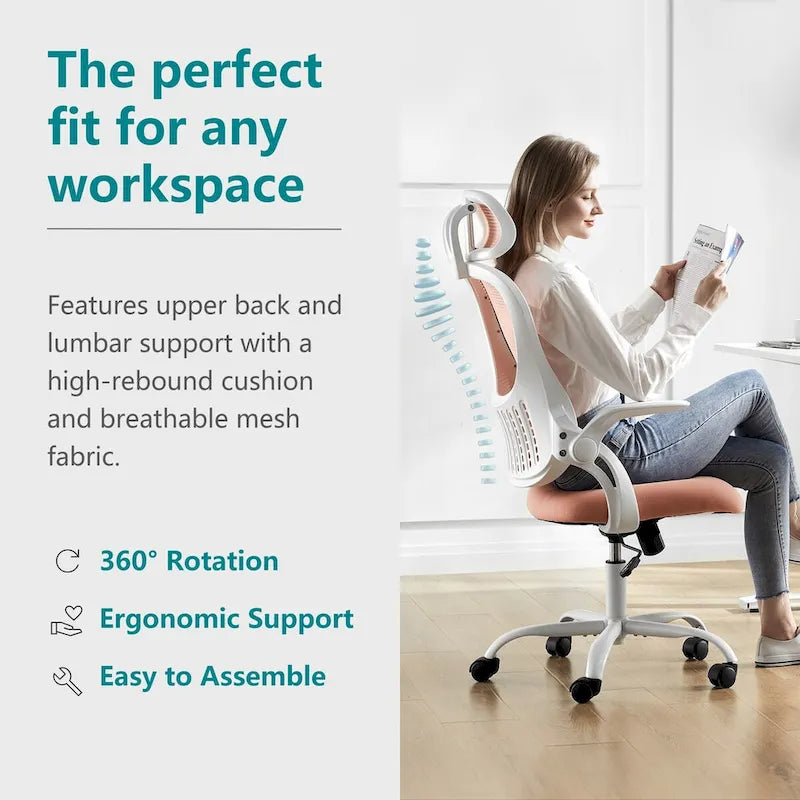 Fauteuil de bureau ergonomique à dossier haut en maille avec appui-tête réglable et roulettes