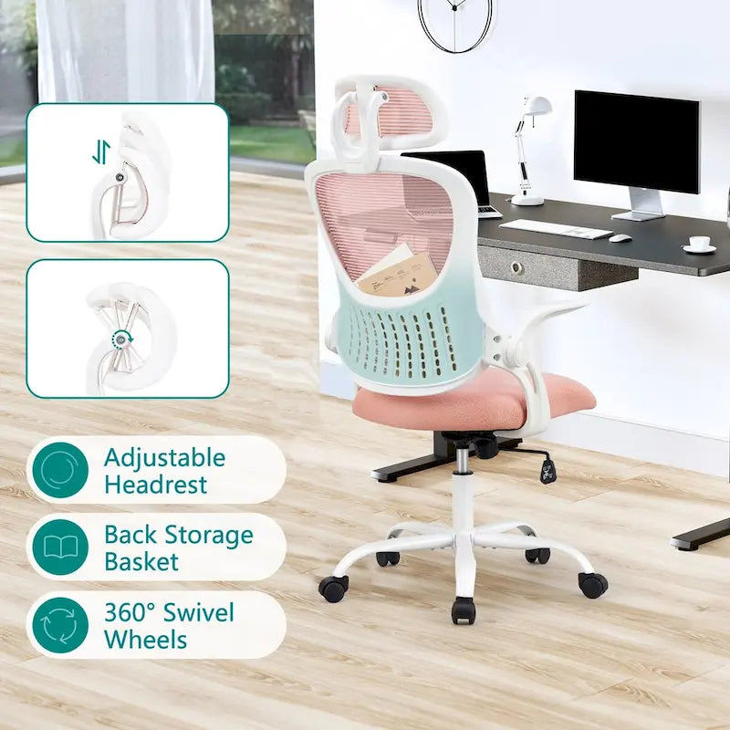 Fauteuil de bureau ergonomique à dossier haut en maille avec appui-tête réglable et roulettes
