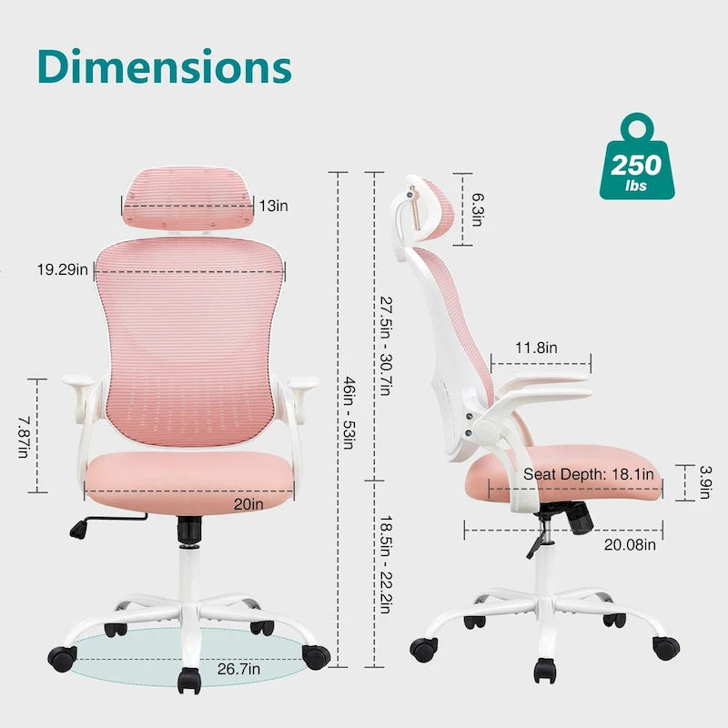 Fauteuil de bureau ergonomique à dossier haut en maille avec appui-tête réglable et roulettes