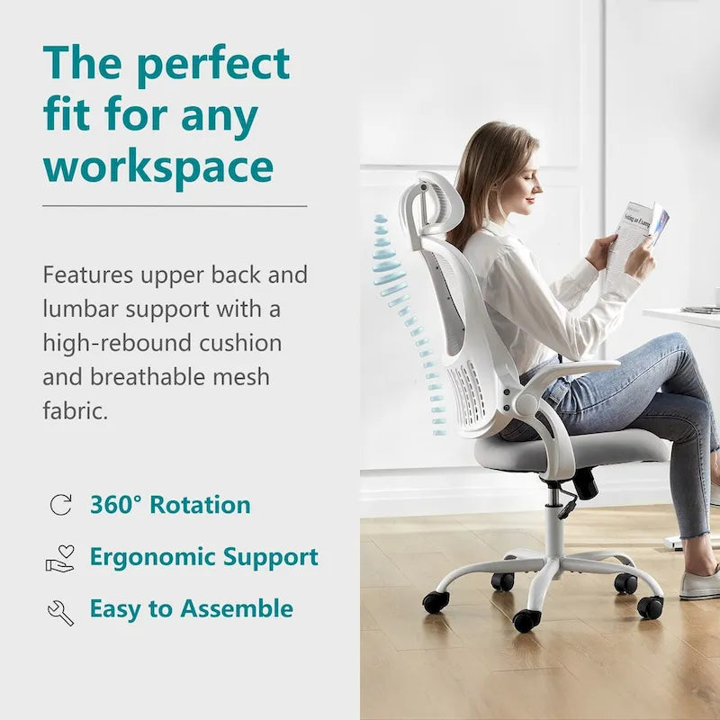 Fauteuil de bureau ergonomique à dossier haut en maille avec appui-tête réglable et roulettes