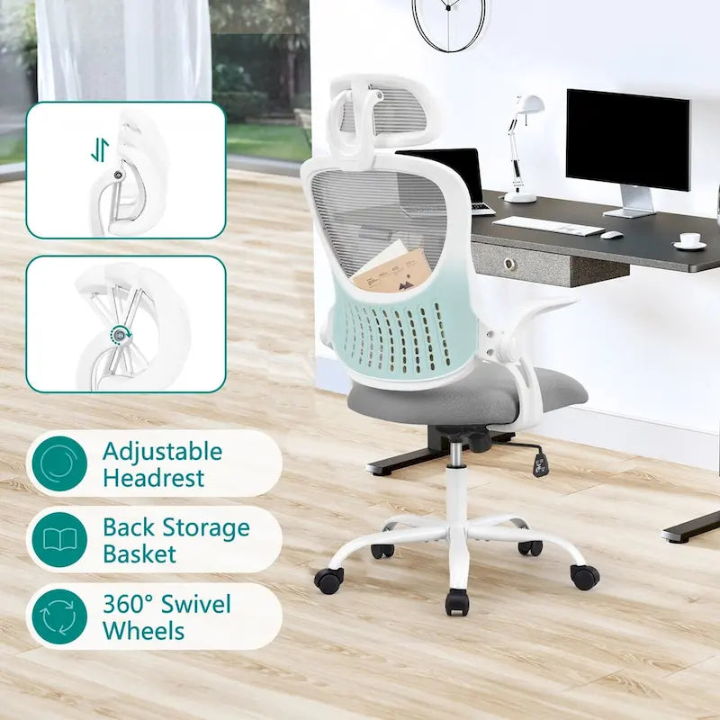 Fauteuil de bureau ergonomique à dossier haut en maille avec appui-tête réglable et roulettes
