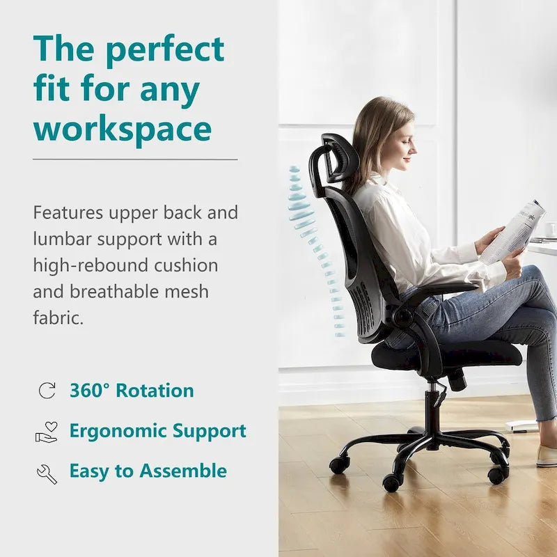 Fauteuil de bureau ergonomique à dossier haut en maille avec appui-tête réglable et roulettes
