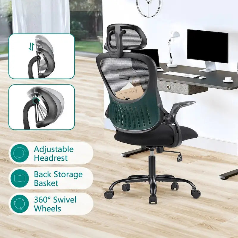Fauteuil de bureau ergonomique à dossier haut en maille avec appui-tête réglable et roulettes