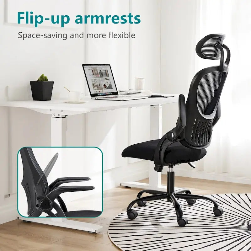 Fauteuil de bureau ergonomique à dossier haut en maille avec appui-tête réglable et roulettes