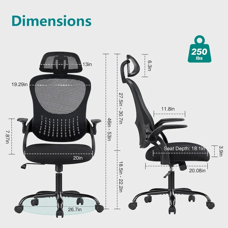 Fauteuil de bureau ergonomique à dossier haut en maille avec appui-tête réglable et roulettes