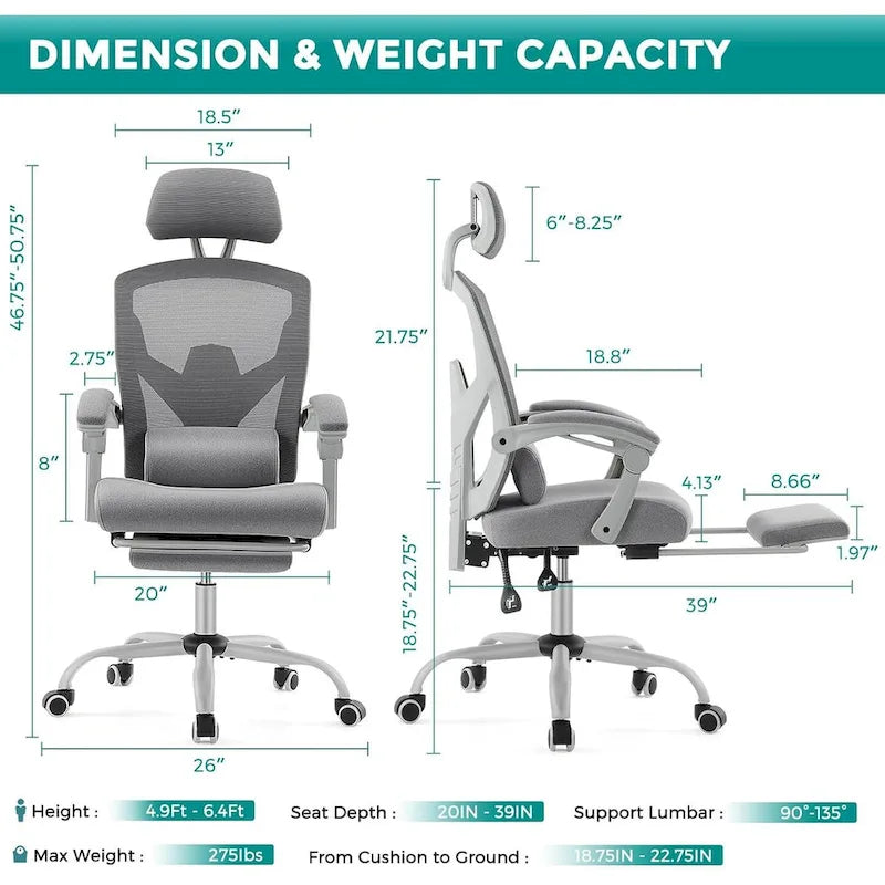 Fauteuil inclinable dossier haut en maille avec repose-pieds et appuie-tête réglable