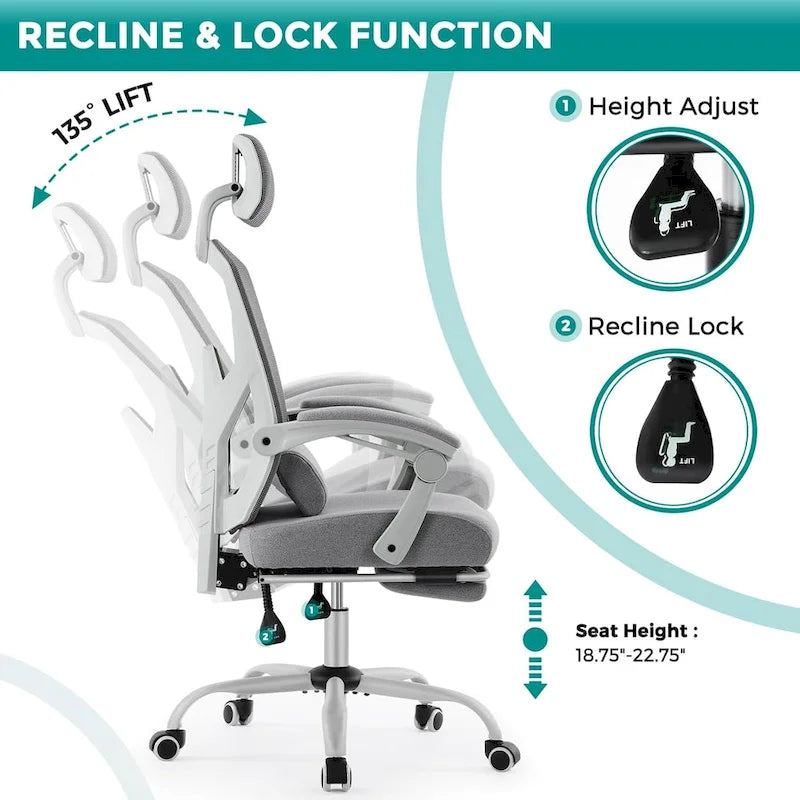 Fauteuil inclinable dossier haut en maille avec repose-pieds et appuie-tête réglable