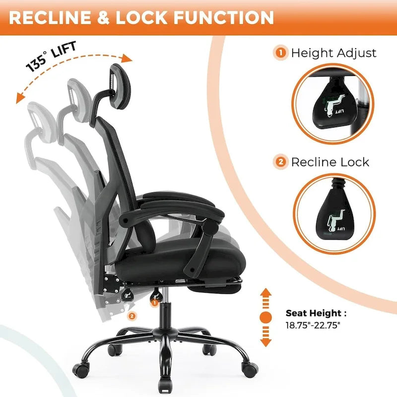 Fauteuil inclinable dossier haut en maille avec repose-pieds et appuie-tête réglable