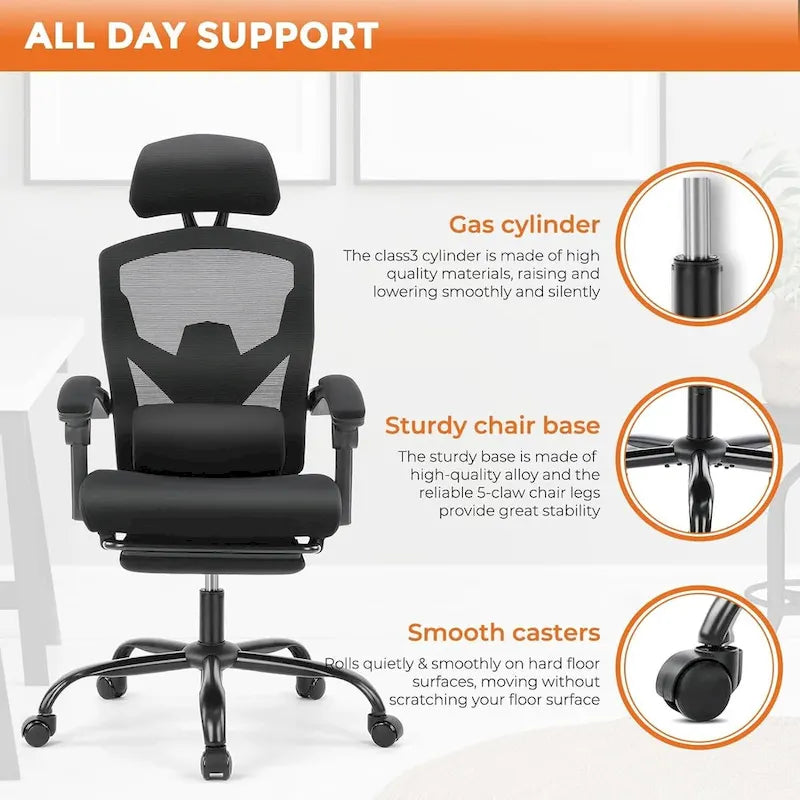 Fauteuil inclinable dossier haut en maille avec repose-pieds et appuie-tête réglable
