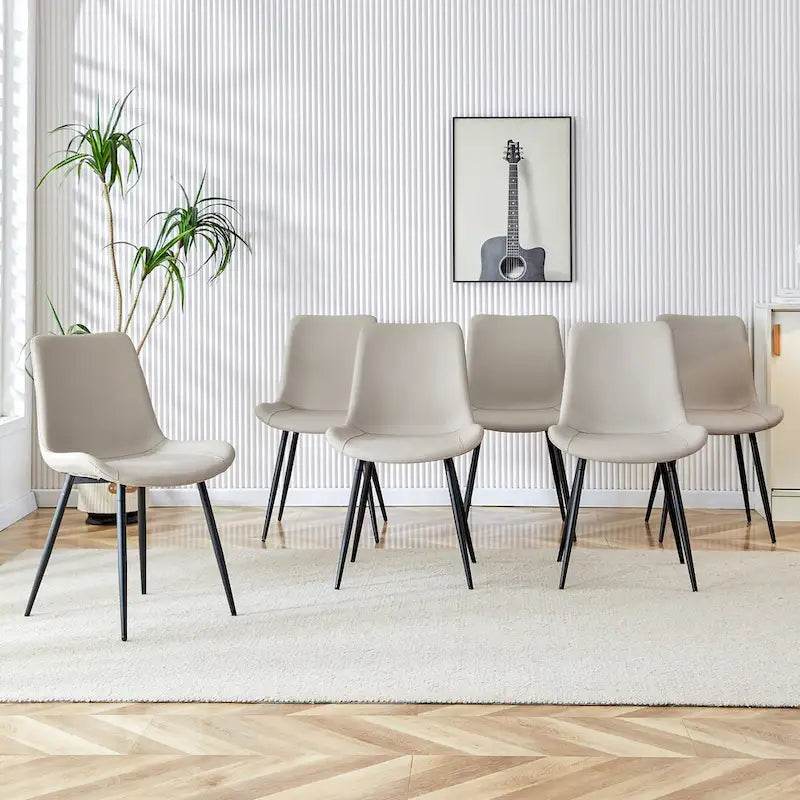 Chaise de salle à manger avec coussin de dossier en cuir artificiel, pieds en métal noir, coussin incurvé et élargi pour plus de confort (6 chaises)