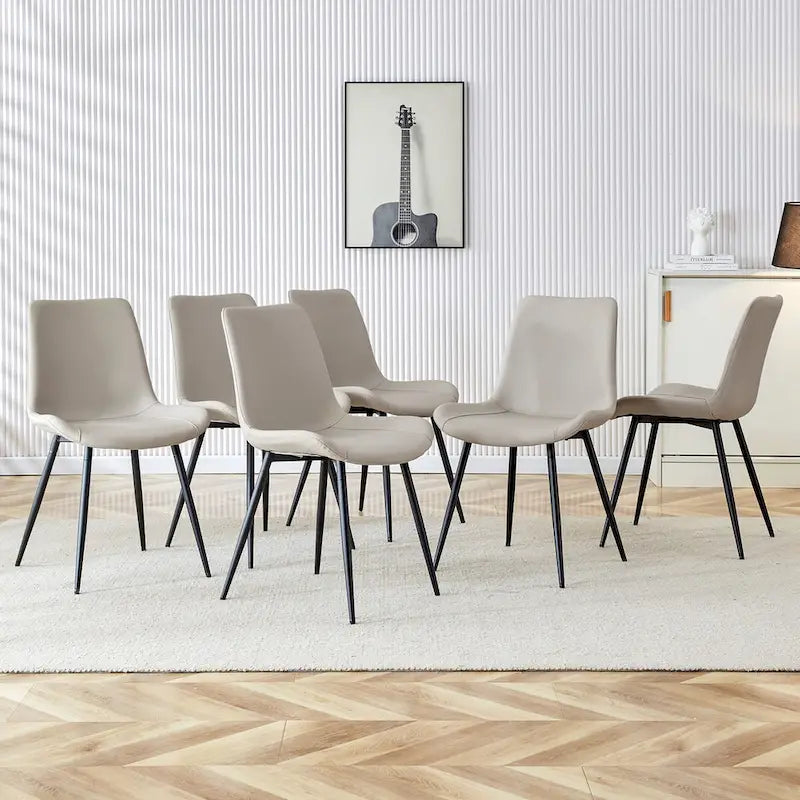 Chaise de salle à manger avec coussin de dossier en cuir artificiel, pieds en métal noir, coussin incurvé et élargi pour plus de confort (6 chaises)