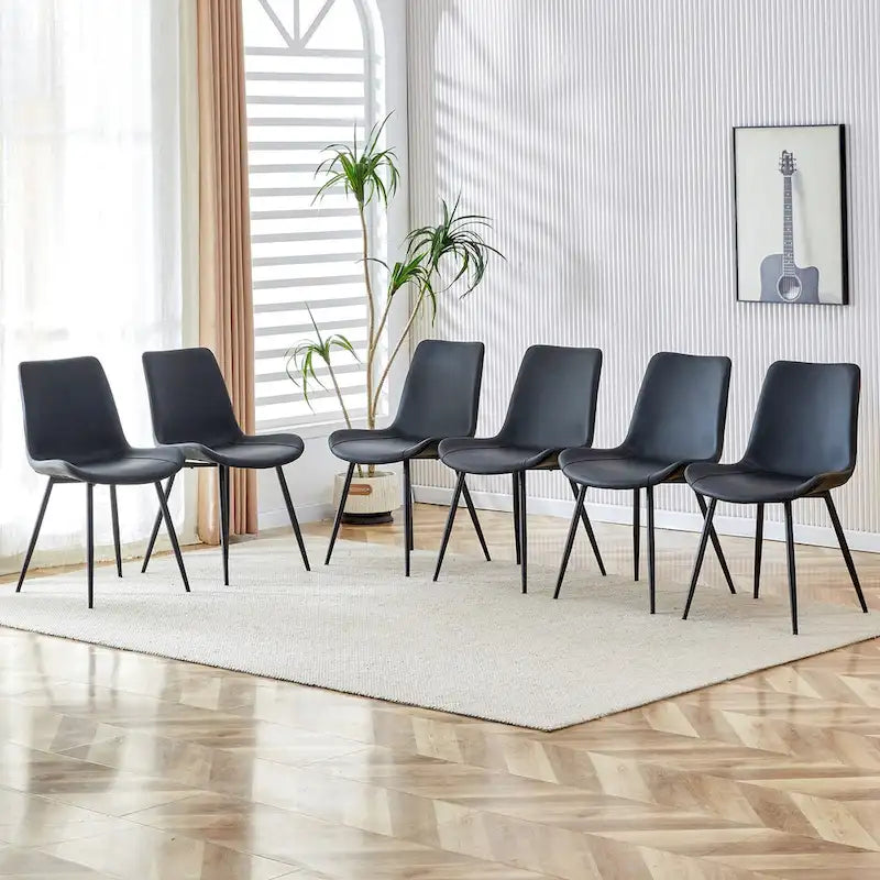 Chaise de salle à manger avec coussin de dossier en cuir artificiel, pieds en métal noir, coussin incurvé et élargi pour plus de confort (6 chaises)