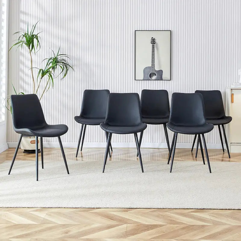 Chaise de salle à manger avec coussin de dossier en cuir artificiel, pieds en métal noir, coussin incurvé et élargi pour plus de confort (6 chaises)