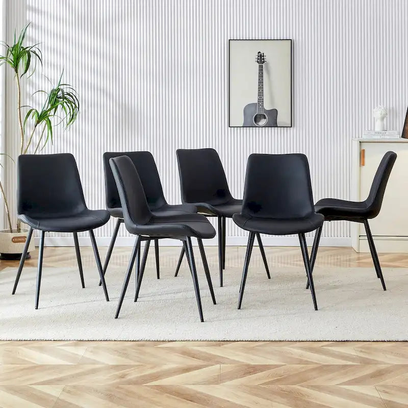 Chaise de salle à manger avec coussin de dossier en cuir artificiel, pieds en métal noir, coussin incurvé et élargi pour plus de confort (6 chaises)