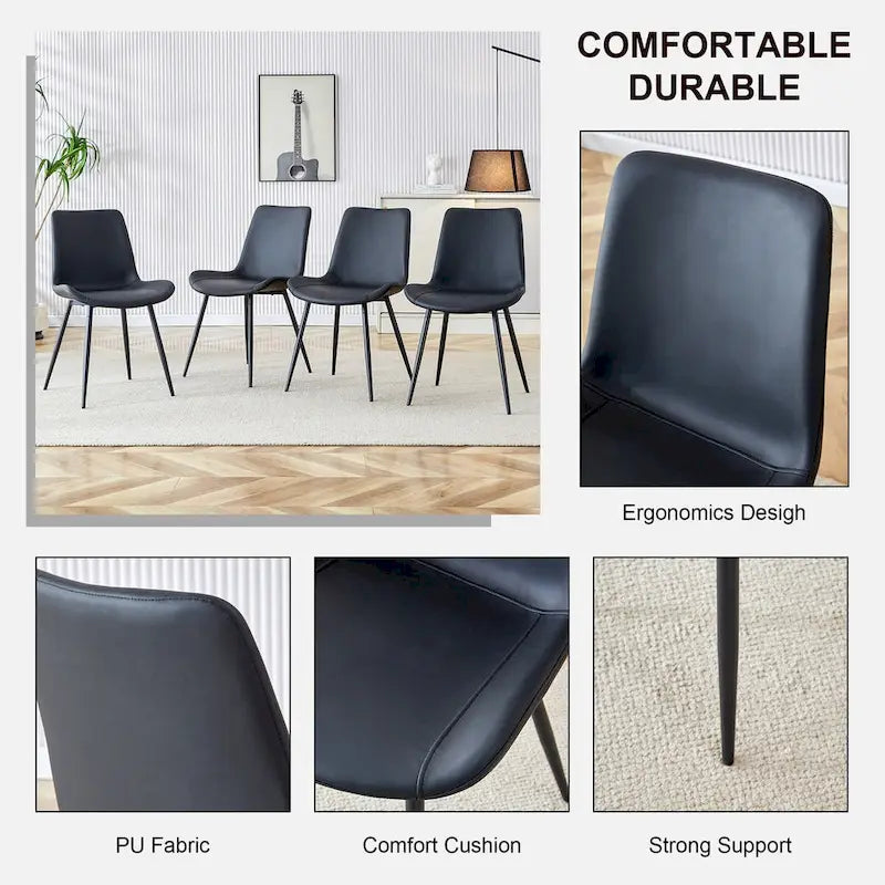 Chaise de salle à manger avec coussin de dossier en cuir artificiel, pieds en métal noir, coussin incurvé et élargi pour plus de confort (6 chaises)