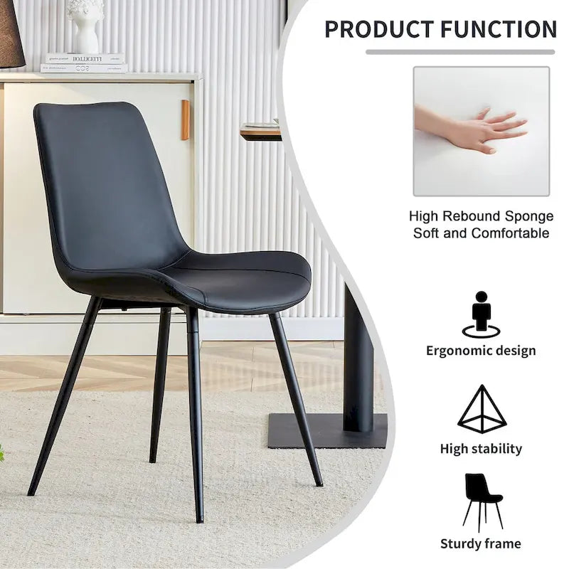 Chaise de salle à manger avec coussin de dossier en cuir artificiel, pieds en métal noir, coussin incurvé et élargi pour plus de confort (6 chaises)