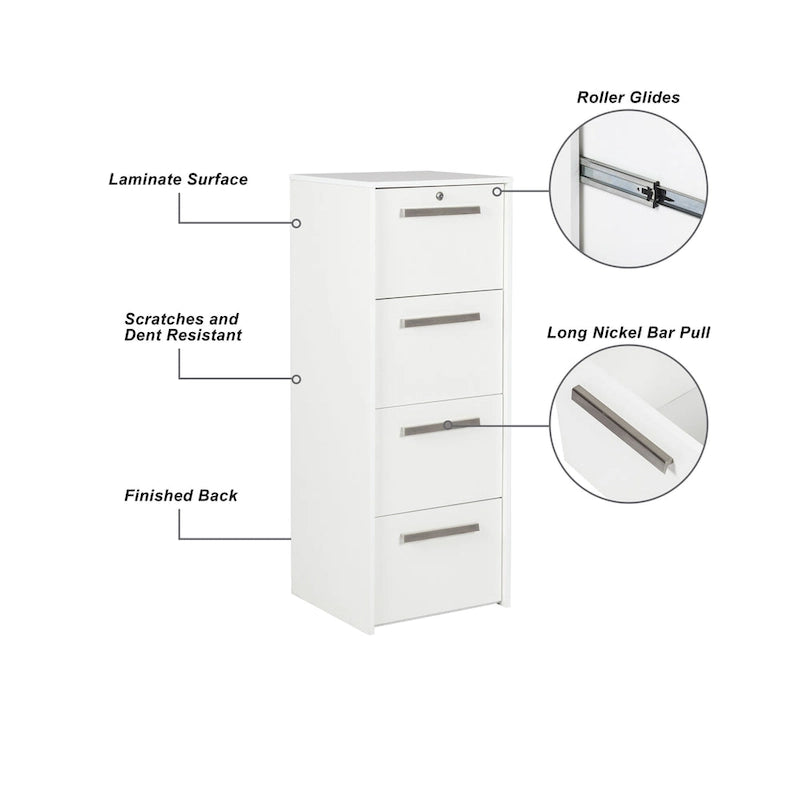 Meuble de classement latéral vertical à 4 tiroirs en grain de bois blanc contemporain