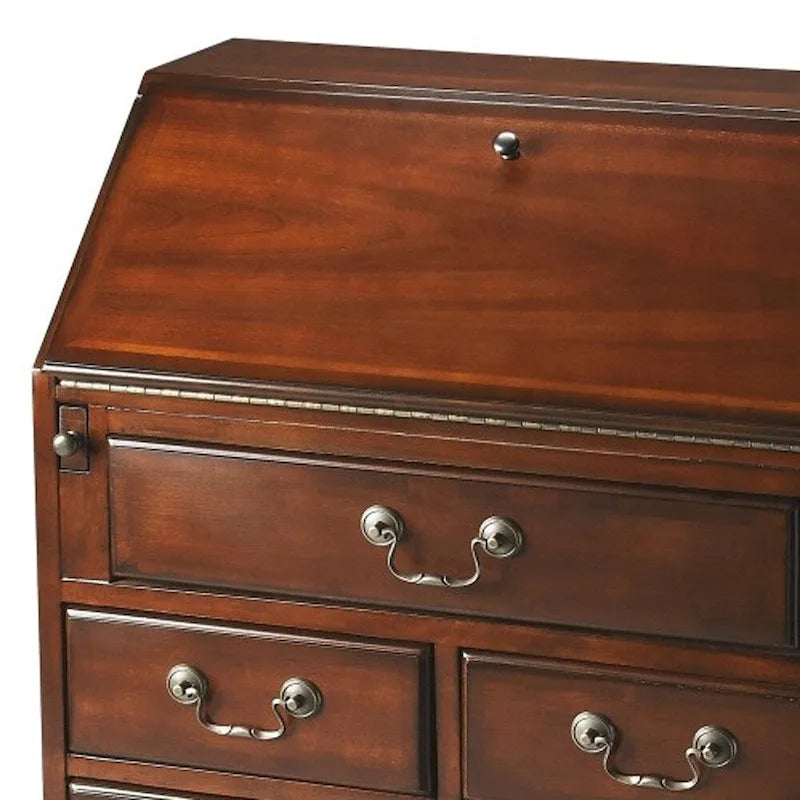 Secrétaire en bois d'hévéa brun avec cinq tiroirs