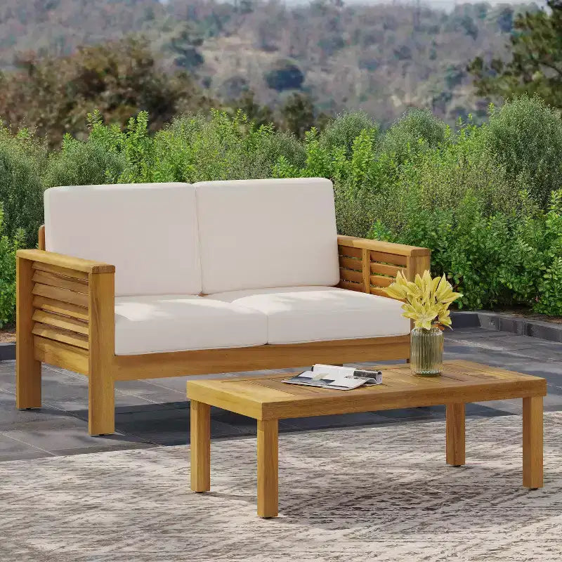 Christopher Knight 2pc Home Louver Outdoor Acacia Loveseat and Coffee Table Set with Cushions