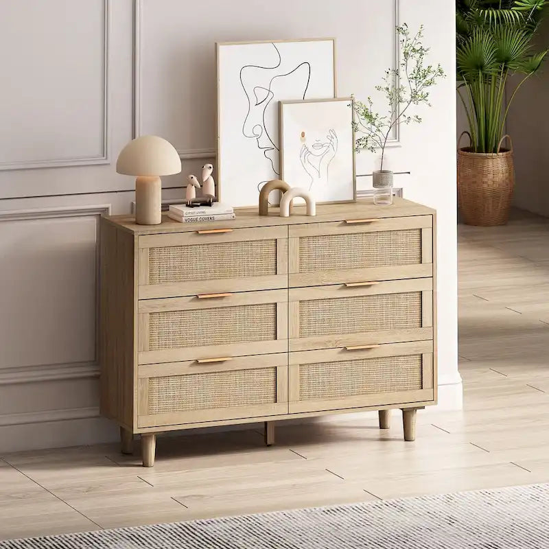 Meuble de rangement 6 tiroirs en rotin, 43 po, naturel