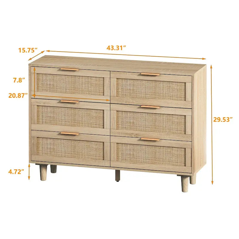 Meuble de rangement 6 tiroirs en rotin, 43 po, naturel