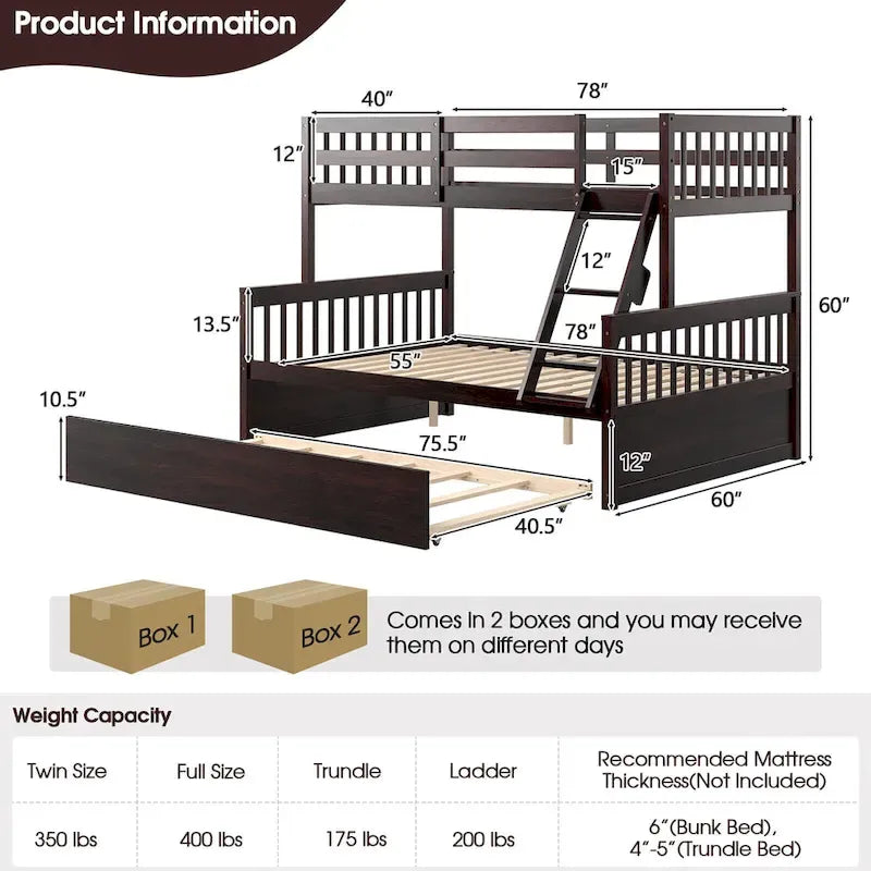 Gymax Twin Over Full Bunk Bed with Twin Trundle Convertible Platform